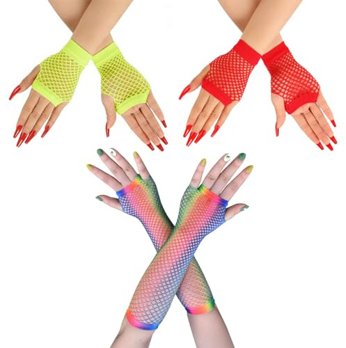 Gaodercha 3 paia di guanti a rete senza dita maniche a rete corta rosso giallo guanti a rete lunghi arcobaleno guanti da donna punk gotico anni '80 costume accessori