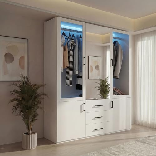 DAHUEN Kleiderschrank mit Spiegeltüren, Guardaroba Grande, Mobile Camera da letto, Cabina armadio portabiti, Armadio appendiabiti (Weiß-C)