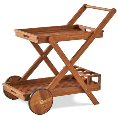 KHG Servierwagen aus Akazie-Massivholz braun auf Rollen, 2 Ablagen, obere als Tablett nutzbar, Flaschenhalter wetterfest geölt 51x76x81,5 cm