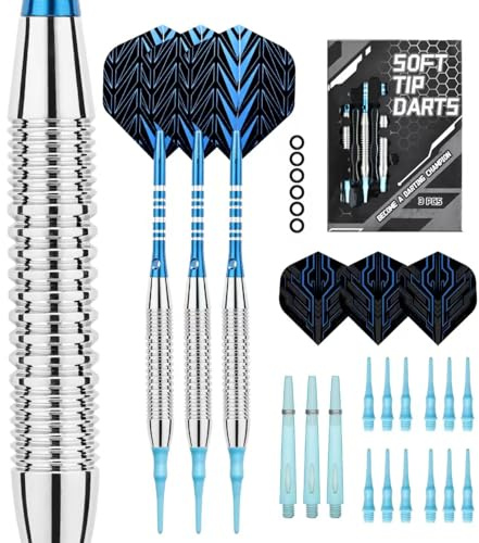 Genossen Dardos con punta de plástico de 19 gramos, 3 dardos profesionales para diana electrónica, dardos suaves con 12 puntas de plástico, 6 plumas y 6 cañas (azul)