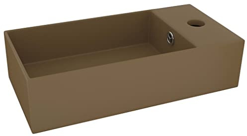 HETFTJN Lavabo da appoggio color crema opaco, lavandino in ceramica, 480 x 250 x 150 mm, piccolo con foro per rubinetto e troppopieno, moderno lavandino per bagno, WC degli ospiti, cucina e studio
