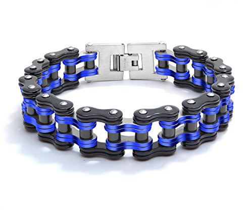 bigsoho Herren Armreif 16mm Breit Edelstahl Fahrradkette Biker Motorradkette Armband (Blau-Schwarz)