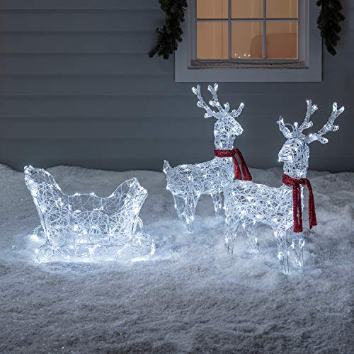 Lights4fun 240er LED Rentiere mit Schlitten weiß batteriebetrieben Timer Weihnachtsbeleuchtung für außen und innen Weihnachtsfigur Rentier Außen Rentier mit Schlitten Figur Outdoor Weihnachts Deko