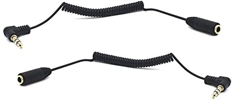 kework 30cm 3.5mm TRS Extension Audio Coiled Cable, 90 Degree Angle Male to Straight Female 1/8 3.5mm 3 Pole Jack Stereo Headphone Aux Spring Spiral Cord, 2 Pack, OD 1.5mm