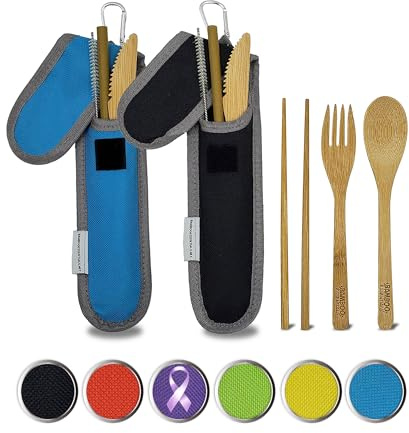 Travel Utensils with Case Set Fork, Knife, Spoon, Chopsticks, Straw, Straw-cleaning brush, Travel Pouch and Carabiner, Excellent For Everyday Use! ((2 Sets) Midnight Black/Sky Blue)