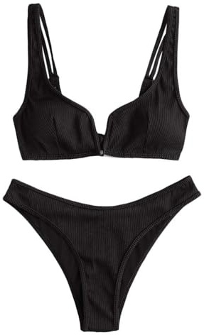 ZAFUL Damen Bikini Set, Zweiteilige Gerippter Bikini-Oberteil mit V-Verkabelung High Cut Bademode Sexy Swimsuit Sommer (Schwarz, L)