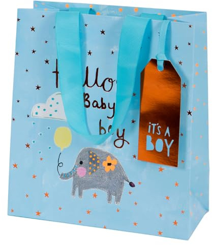 Glick Luxus-Geschenktüte, Elefant, Baby-Junge, mittelgroße Geschenktüte, Feier-Geschenktüte, Geschenktüte für Neugeborene, Willkommens-Baby-Geschenktüte, Papiersalat, Baby-Jungen-Geschenktüte, 200 x