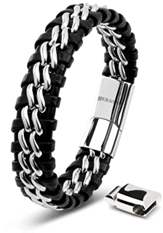 SERASAR Armbänder Herren Silber 23cm Männer Armband Leder Armreif Lederband Herrenarmreif Armschmuck Schmuck Flecht Wickelarmband Kette Leather Bracelet