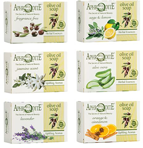 Aphrodite Olivenöl-Seifen-Set 6er – Naturseifen mit 100% griechischem Olivenöl (Duftfrei, Salbei & Zitrone, Jasmin, Aloe Vera, Lavendel, Orange & Zimt) – Hand- & Körperseife