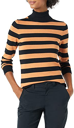 Amazon Essentials Women's Lätt långärmad tröja med polokrage klassisk passform (finns i plusstorlek), Svart Kamelbrun Rugbyrand, XL