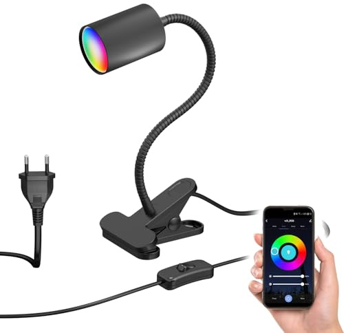ledscom.de Klemmleuchte WAIKA mit Schwanenhals und Schalter schwarz matt, inkl. Smart Home RGBW GU10 LED Lampe, 5,41W, 473lm