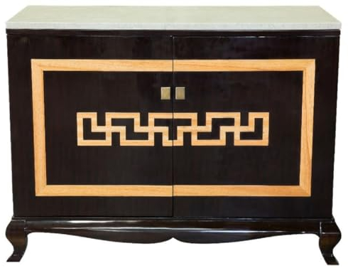 Casa Padrino Luxus Barock Likörschrank Schwarz/Naturfarben/Creme 110 x 55 x H. 87 cm - Massivholz Barschrank - Schnapsschrank mit Marmorplatte - Bar Möbel im Barockstil