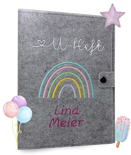 Cozy Racoon U-Heft- und Impfpasshülle aus Filz mit Personalisierung/Name | 3- teiliges Set | Hochwertige Hülle für Untersuchungsheft, Impfpass und Versichertenkarte Deines Kindes |Regenbogen Pastell