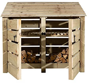 Arbor Garden Solutions wooden log store with doors, slatted firewood storage with doors (W-146cm, H-126cm, D-88cm), natural finish (With kindling shelf)
