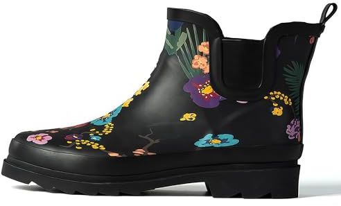 GUGUMIMI Kurz Gummistiefel Damen – Wasserdichte, Rutschfeste Gummistiefel für Regen, Schnee & Matsch, Bequeme Regenschuhe für Damen, Schwarze Blumen, 37 EU
