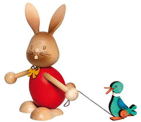 Kuhnert Drechslerei Osterdekoration/Osterhase „Stupsi Hase mit Ente“ 11 cm hoch, aus feinstem Holz, für EIN Bezauberndes Osterfest oder eine dauerhafte Dekoration, Holzkunst Made in Germany