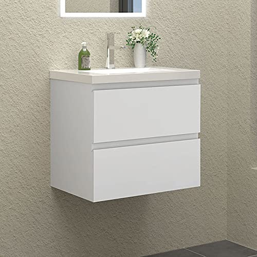 HAPAOSO Waschtisch mit Unterschrank 60 cm Breit Weiss Badmöbel Set Hängend 2 Soft-Close Schubladen MDF-Platte