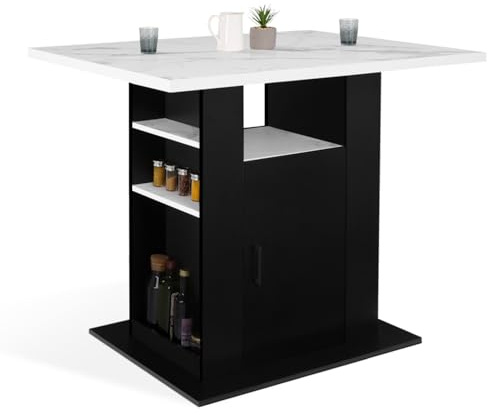 IDMarket - Ilot Central UGO 110 cm avec rangements Noir Effet marbre | Capacité 6 personnes, effet marbre et noir