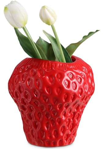 Navaris Strawberry Vase for Flowers - Small Ceramic Flower Vase - Cute Fruit Shaped Decor for Home and Kitchen - 15 cm x 16 cm x 16 cm (5.9 x 6.3 x 6.3)