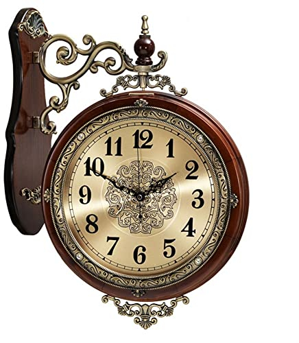 Antik Retro Bahnhofsuhr Doppelseitige runde Wanduhr, Europäische Retro-Stationuhr, doppelseitige 360 ​​°-rotierende Wanduhr, for Wohnzimmer, Küche, Schlafzimmer, Bad, Bardekoration Wanduhr Doppelseiti
