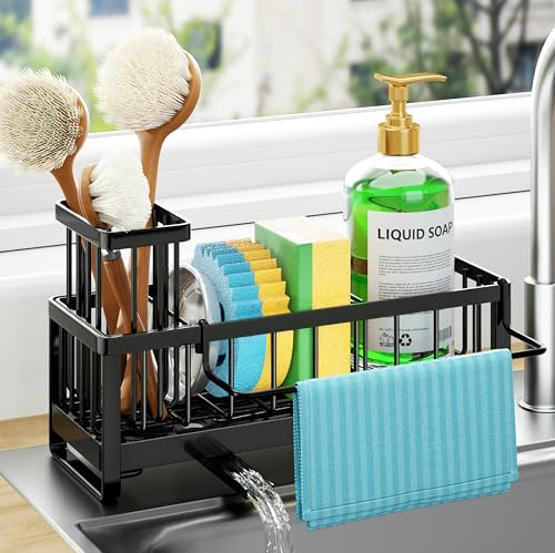 HapiRm Kitchen Sink Caddy Black- Self-draining Sponge Holder with Brush Holder and Dishcloth Holder, Stainless Steel Sink Tidy Organiser for Countertop Kitchen Storage & Organisation
