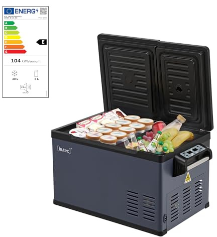 in.tec Auto Kühlbox Alberona Kompressor Kühlschrank 26 L elektrisch Gefrierschrank für Autos und Steckdose 12/24 V Gefriertruhe tragbar Stahl Blaugrau