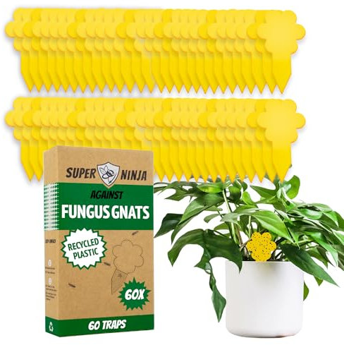 Super Ninja Fungus Gnat Killer - 60 Pack, Effective Gnat Killer for Indoor Plants, Non-Toxic & Nature-Friendly, Safe for Kids & Pets Yellow Sticky Fly Traps, Lasts Up to 3 Months