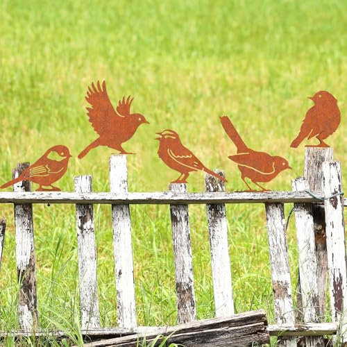 Rost Vogel Gartendeko für Draußen Rust Vögel Garten Deko Frühling,Gartenstecker Metall Roststecker Wetterfest,5er set Bird Baumstecker mit Schraube für Gartendekoration Bäume Pfähle oder Zäune