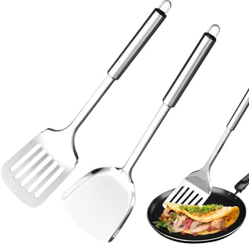 2pcs Stainless Steel Spatulas Set, Stainless Steel Slotted Turner and Solid Turner, Kitchen Spatulas for Nonstick Cookware, for Fish, Eggs, Pancakes, Dishwasher Safe, Easy to Clean