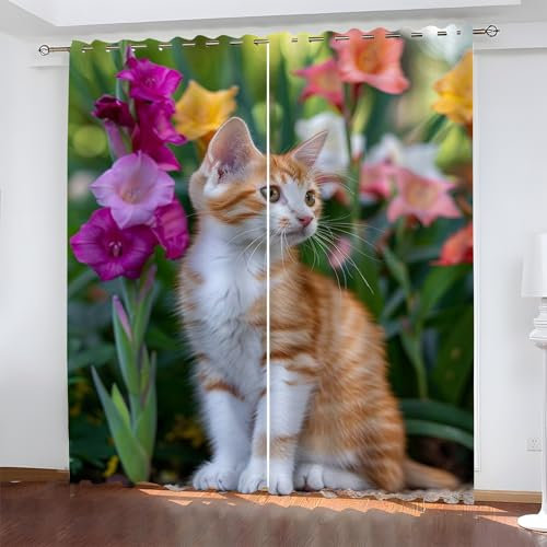 YZQGLHP Gardinen Lila Blume Vorhänge KäTzchen Verdunklungsvorhänge Schiebe Schallschutz Vorhang mit Ösen für Schlafzimmer Wohnzimmer H245 x B140 cm 2 teiliges Set
