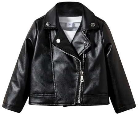 Nivne Tco Toddler Girls Motorcycle Leather Jacket - A Piece of Zipper Black Coat Jacket - Cool Girls Outwear Tops for Kids (US, Age, 6 Years, Black)