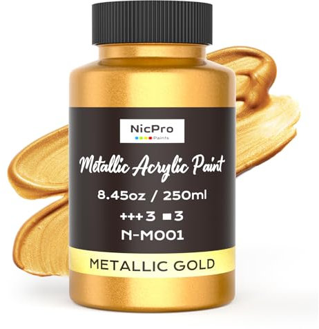 Nicpro Oro Pintura Acrilica Metálico, 250 ml Acrilico, No Tóxica, Resistente a la Decoloración, Pintura Dorada para Metal, Madera, Arcilla, Tela, Lienzo, Muebles, Manualidades y Materiales de Arte