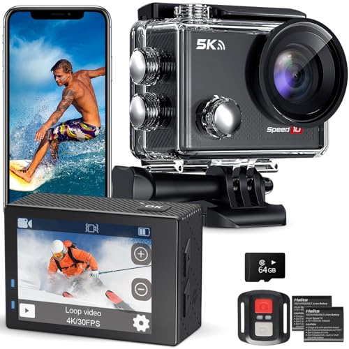 Hiicam Speed 10 Action Cam, 5K30FPS 30MP Action Cam 40M Caméra sous-marine étanche WiFi 170° Ultra grand angle EIS Caméra d'action Zoom 5X avec télécommande et 2 batteries 1350 mAh Carte mémoire 64 Go