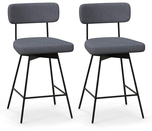 COSTWAY Set med 2 barstolar roterbara, barstol vadderad med ryggstöd och fotstöd, 63,5 cm sitthöjd, köksstol med metallram, diskbänk pall modern för kök, matsal (grå)