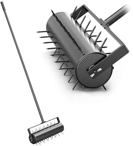 JAOGAUS Aerifizierer für Rasen, Walzentyp Rasenbelüfter, Hand Rasenlüfter mit Stiel & 5cm Nägeln & Spritzschutz, Rasenrolle Handvertikutierer für Höfe und Rasenflächen im Garten- Garten Handwerkzeuge