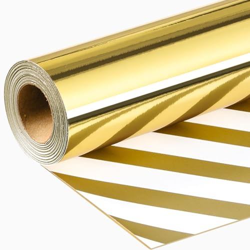 Wikadlik Goldenes Geschenkpapier, metallisch goldfarben, einfarbig und gestreift, wendbar, für Geburtstage, Jahrestage, Weihnachten, Babyparty, 43 cm x 10 m, Mini-Rolle