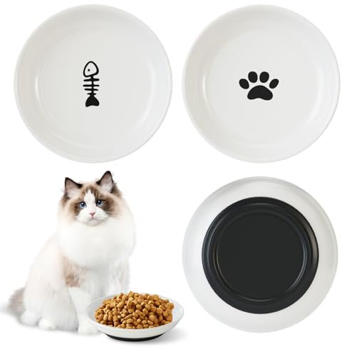 Ciotole per Gatti Antiscivolo in Silicone: Set 3 Ceramica con Base Gomma, Larghe e Basse per Gattini - Anti Stress Vibrisse