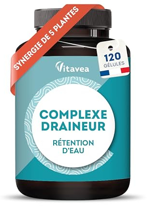 Drainer Puissant - 5 Actifs avec Thé Vert - Rétention d'Eau - 2 Mois | Thé Vert, Pissenlit, Artichaut, Frêne & Cassis - Elimination - 120 Gélules - Vegan - Fabriqué en France - Vitavea