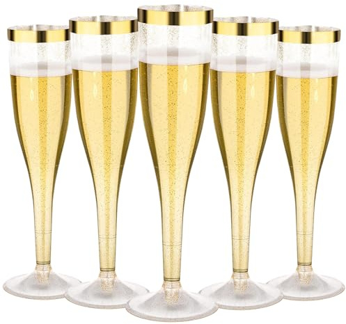 AUTOWNLUX 30 Stück Sektgläser Plastik, 150ml Champagner Gläser mit Goldrand und Goldglitter aus Kunststoff, Sektglas Plastik Mehrweg für Mimosa Bar Hochzeit Party Picknick im Freien