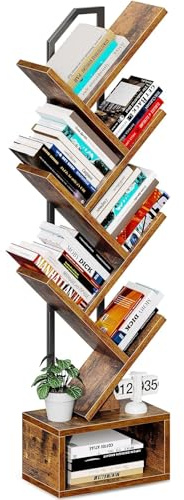 Coleshome Tree Bookshelf, 6-Tier Floor Standing Bookcase, Bookcases suitable for bedrooms and living rooms, Wooden bookshelves suitable for bedrooms and living rooms, Brown