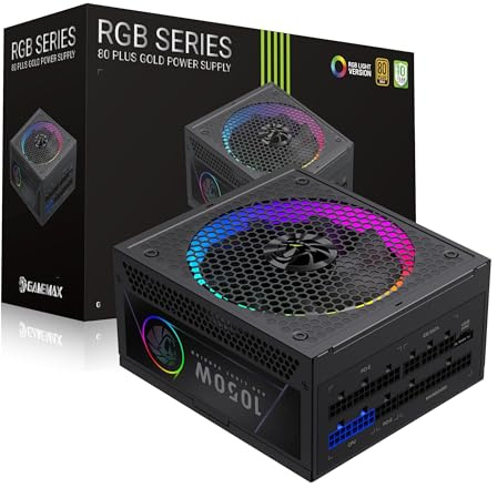 GAMEMAX RGB 1050G Fuente de alimentación para PC 1050W Totalmente Modular, 80 Plus Gold, LLC + DC-DC, ARGB Sync, condensadores japoneses, Ventilador ARGB FDB de 140 mm, 9 Protecciones