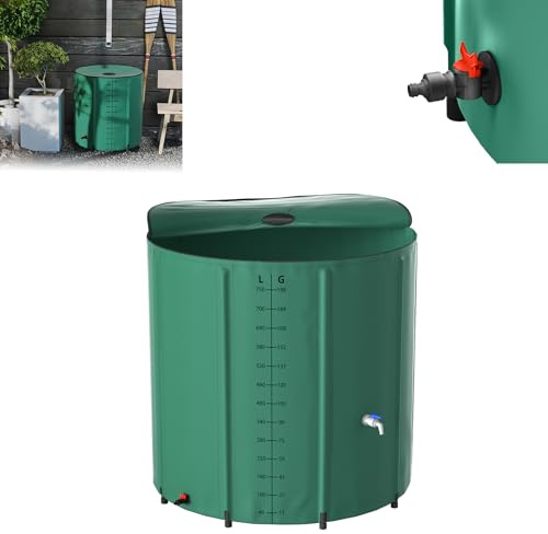 Froadp Tanque de agua de lluvia plegable de 750 litros con tapa y escala, lona mate, depósito de agua para riego de jardín, depósito de agua para riego de jardín, barril de agua de lluvia, incluye