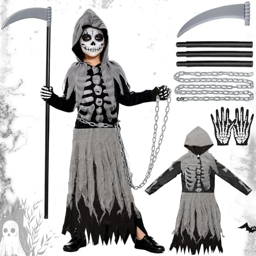 XUNIVERS Costume da mietitore triste nero, 4 pezzi,Costume Halloween Morte Adulti e Bambini, set con mantello nero con occhiali luminosi, costume da morte, per feste e cosplay, accessori per adulti