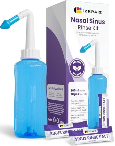 Nasal Rinse Kit – 300ml Bottle + 20 Saline Packets – Neti Pot for Sinus Relief & Nasal Hygiene PH Balanced