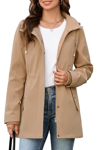 CMTOP Giacca da Donna Leggero Idrorepellente Giacca Mezza Stagione Donna, Elegante Zip Up Giacchetto Media Lunghe Militare Giubbotti Parka Jacket con Cappuccio e Molte Tasche