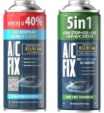 AC Fix 5 en 1 – sustituto R134a + sustituto R134a XL 470 g Refrigerante para Aire Acondicionado de Coche con Aceite, sellador, Tinte UV y desecante. Aplicación rápida. Protege el compresor.