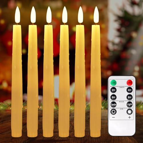 LED Stabkerzen mit Timerfunktion und Fernbedienung, 6 Stück Batteriebetriebene LED Kerzen Flackernde Flamme 2 x 27cm, Flammenlose Elfenbeinfarbene, 3D-Dochtlicht für Weihnachten, Heimdekoration
