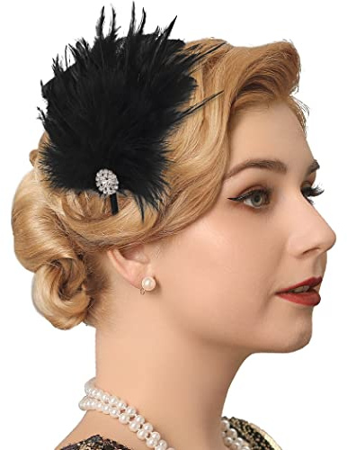 Ushiny 1920s Feder Stirnband Schwarz Kopfschmuck Haarreif Gatsby Kostüm Accessoires 20er Flapper Feder Haarband für Dame
