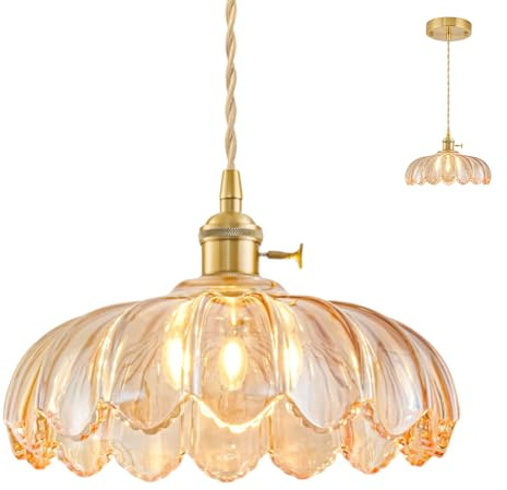 NETHCUEL Glass Kitchen Island Lights, Vintage Brass Pendant Light Fixtures, Adjustable Amber Pendant Lights for Kitchen Island for Bedroom Living Room Hallway Dining Room, Light Bulb Not Included