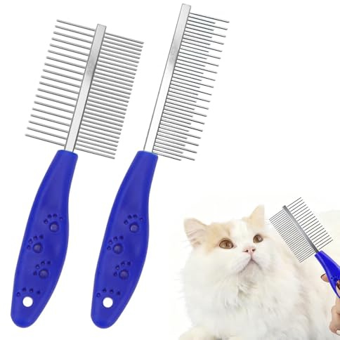 2 Peine para perros y gatos, dientes redondeados de metal de doble cara + peine de dientes cortos largos de una cara, cepillo de acero inoxidable para el cuidado de mascotas, peine para mascotas con